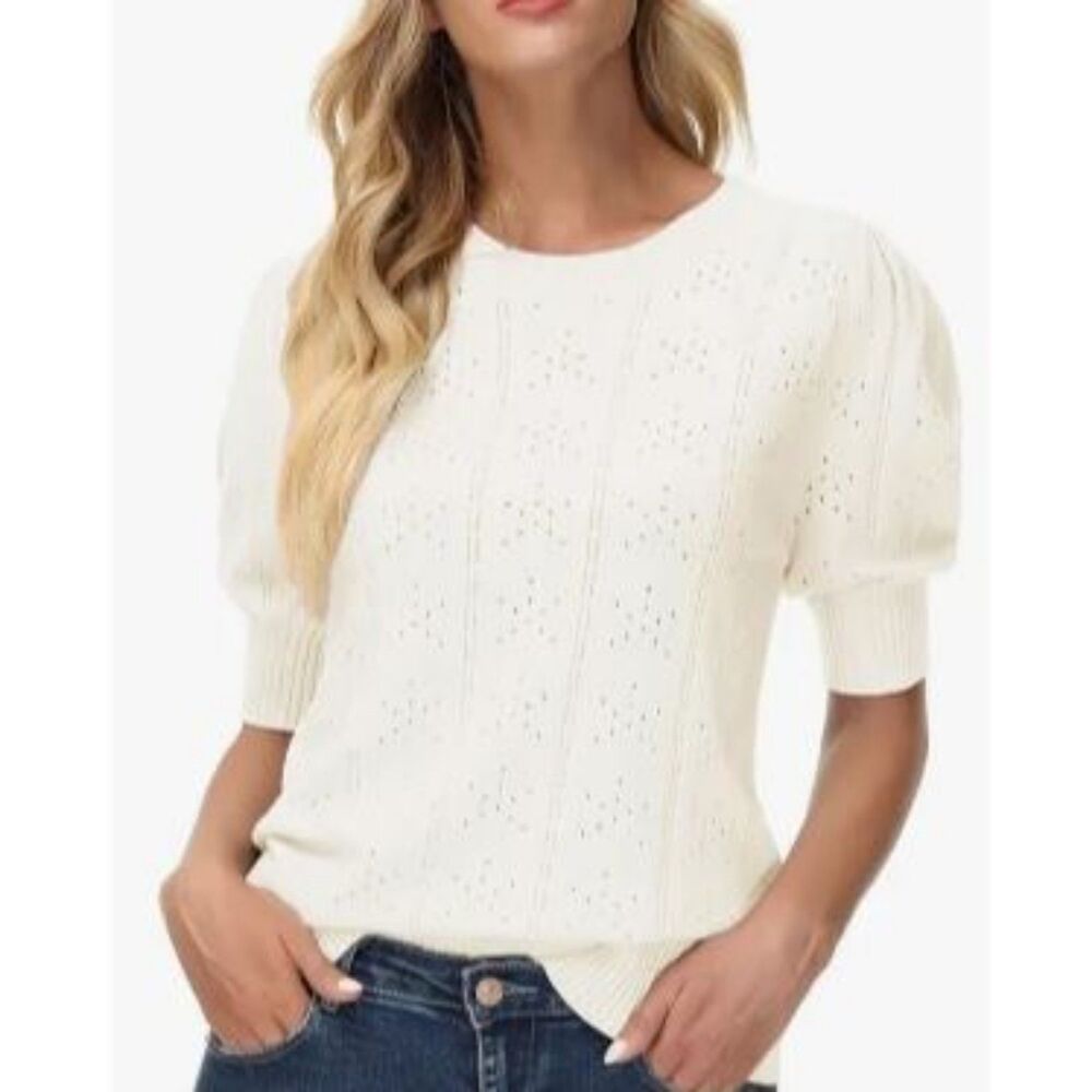 Unbranded Women's Ivory Pointelle Puff Sleeve Sweater Short Sleeve Knit Top Sz M